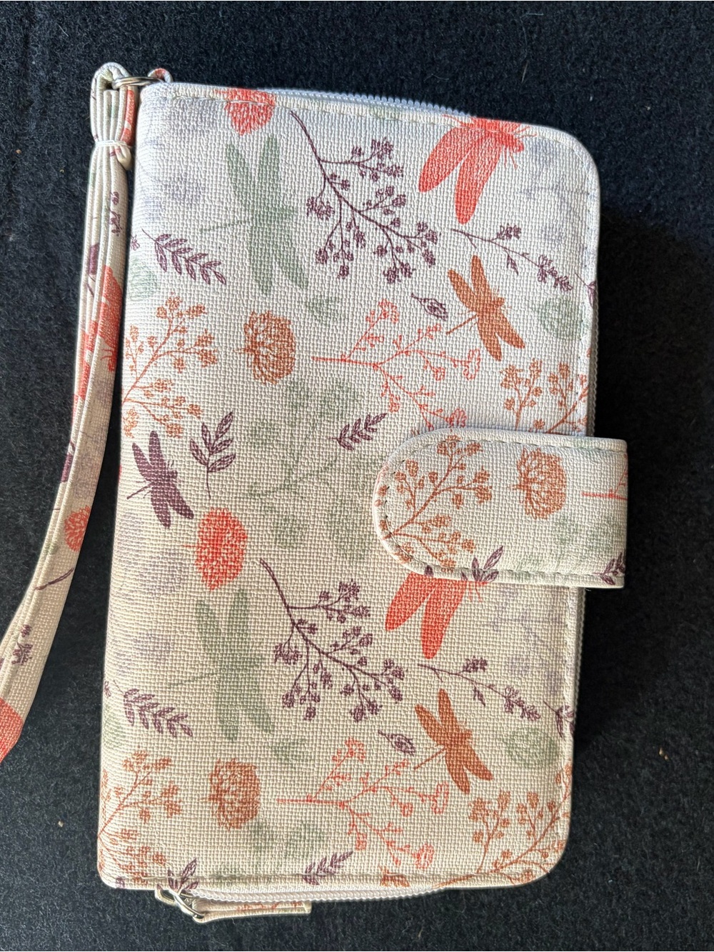 Floral Dragonfly Wristlet Wallet - Cream with Pink & Green Accents